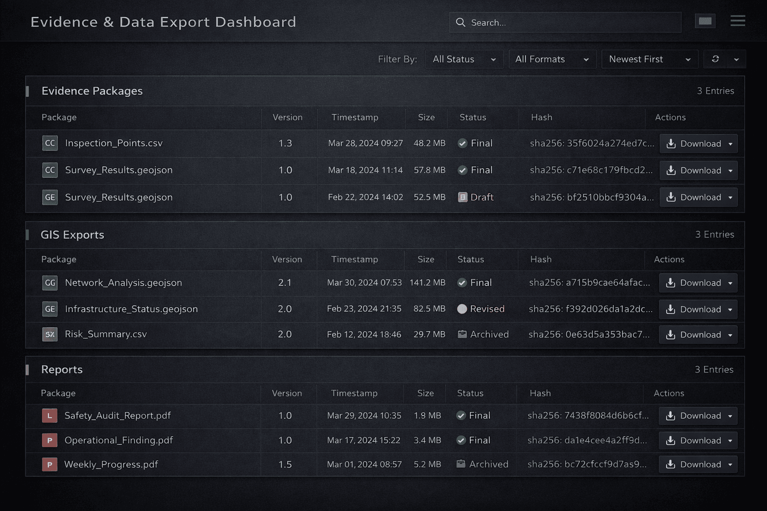 Evidence and export dashboard view